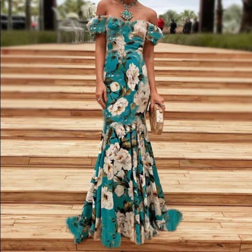 Elegant, floral, off the shoulder maxi dress.
